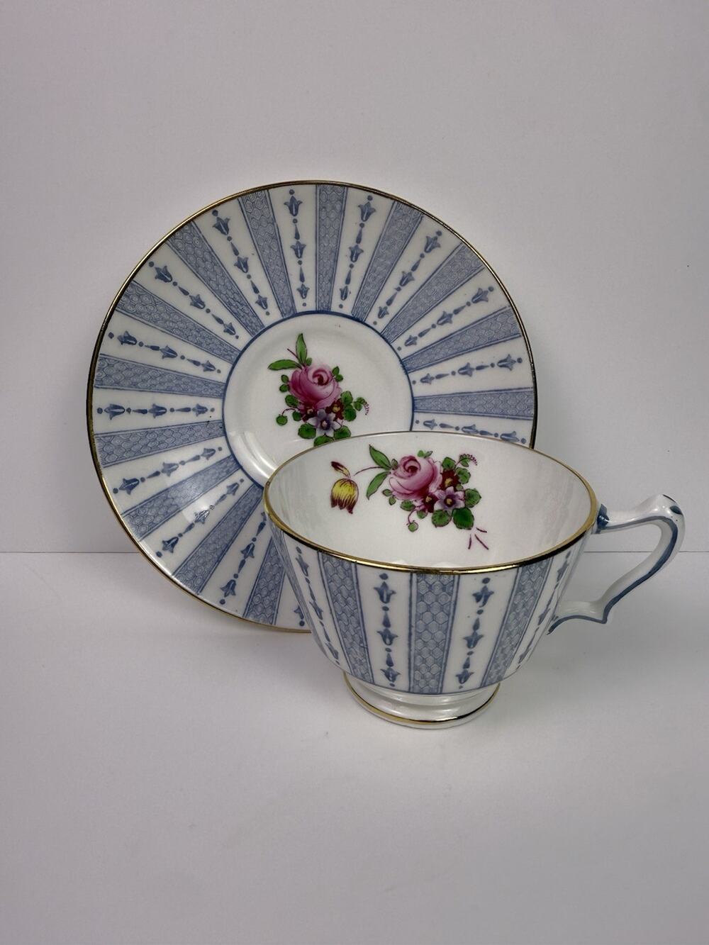 Vintage Crown Staffordshire F9213 Blue Rose Demitasse Cup & Saucer Set